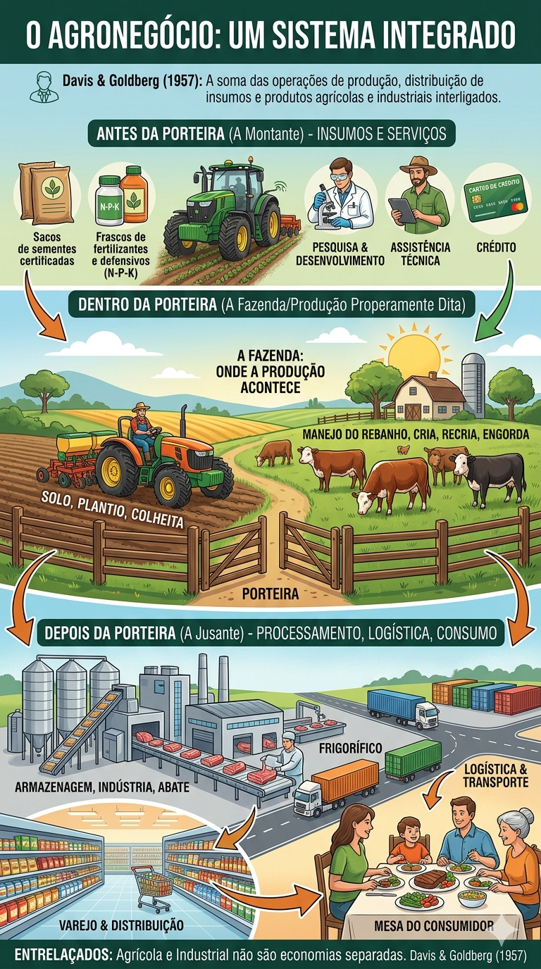 Infográfico 'O Agronegócio: Um Sistema Integrado'. Três faixas verticais conectadas por setas laranja e verde: Antes da porteira, com sementes certificadas, fertilizantes, defensivos NPK, trator, pesquisa e desenvolvimento, assistência técnica e crédito; Dentro da porteira, com a fazenda (solo, plantio, colheita) à esquerda e manejo do rebanho, cria, recria, engorda à direita, separados pela porteira ao centro; Depois da porteira, com armazenagem, indústria, abate, frigorífico, logística e transporte, varejo e distribuição, e mesa do consumidor. Rodapé: Agrícola e industrial não são economias separadas (Davis e Goldberg, 1957).