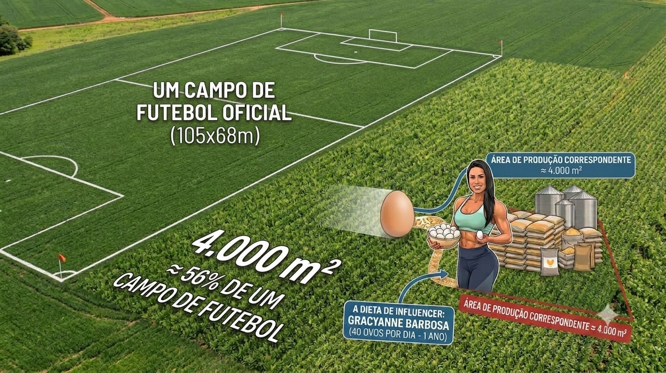Campo de futebol oficial visto de cima, com a área de produção correspondente à dieta de 40 ovos por dia de Gracyanne Barbosa demarcada ao lado, ≈4.000 m²