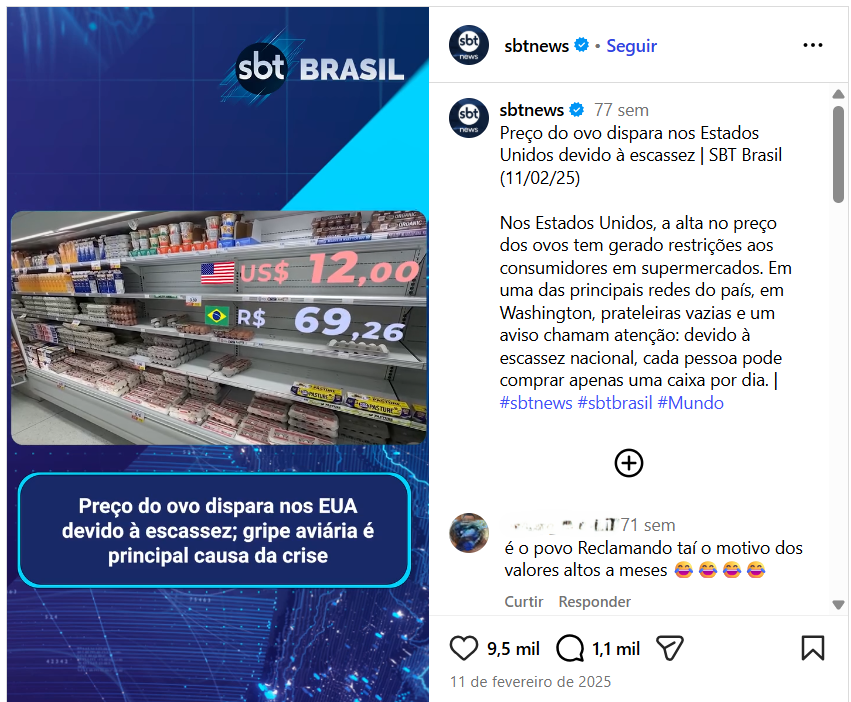 Post sobre a crise do preço dos ovos nos Estados Unidos