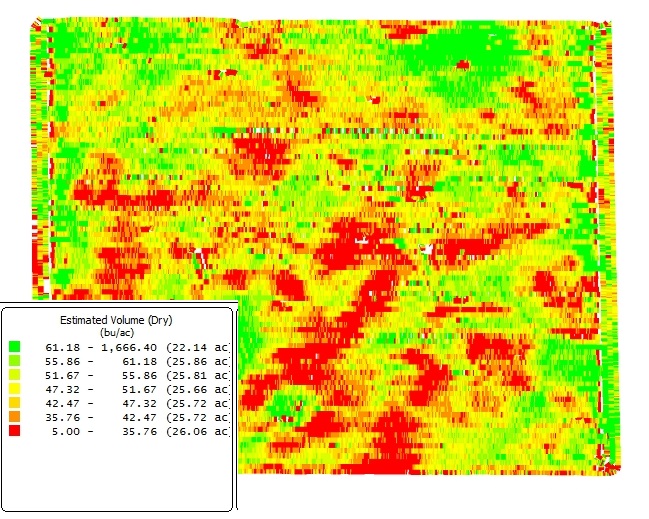Mapa de produtividade de uma lavoura de soja em cores, do vermelho ao verde, mostrando manchas de rendimento alto e baixo dentro do mesmo talhão