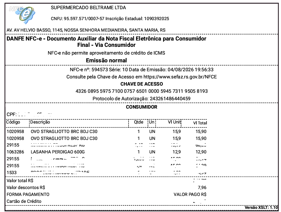 Nota fiscal eletrônica do Beltrame Supermercados, Santa Maria, 4 de agosto de 2026, com desconto aplicado