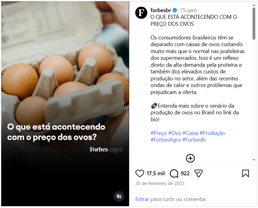 Post do Instagram de @forbesbr (Forbes Agro), 20 de fevereiro de 2025, sobre o preço dos ovos, com 17,5 mil curtidas e 922 comentários