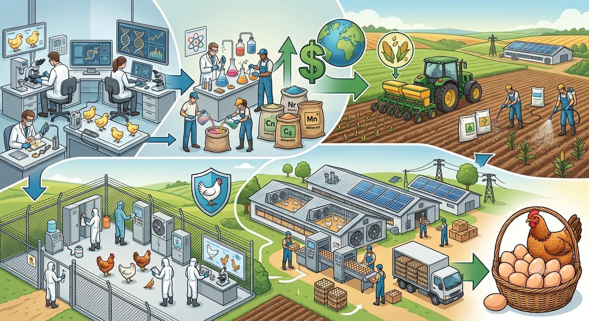 Ilustração da cadeia produtiva do ovo antes da lavoura: melhoramento genético em laboratório, mistura de núcleo vitamínico mineral, plantio mecanizado de milho, biosseguridade no acesso ao galpão, aviário climatizado e empacotamento dos ovos