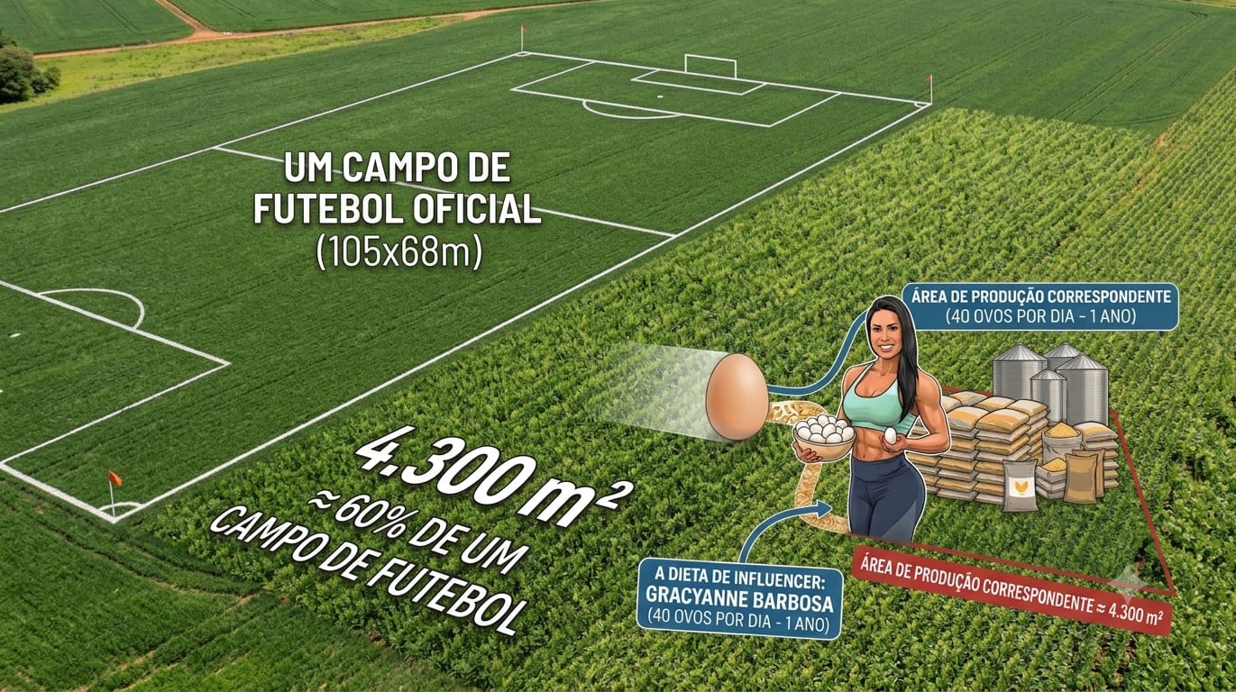 Campo de futebol oficial visto de cima, com a área de produção correspondente à dieta de 40 ovos por dia demarcada ao lado, aproximadamente 4.000 metros quadrados
