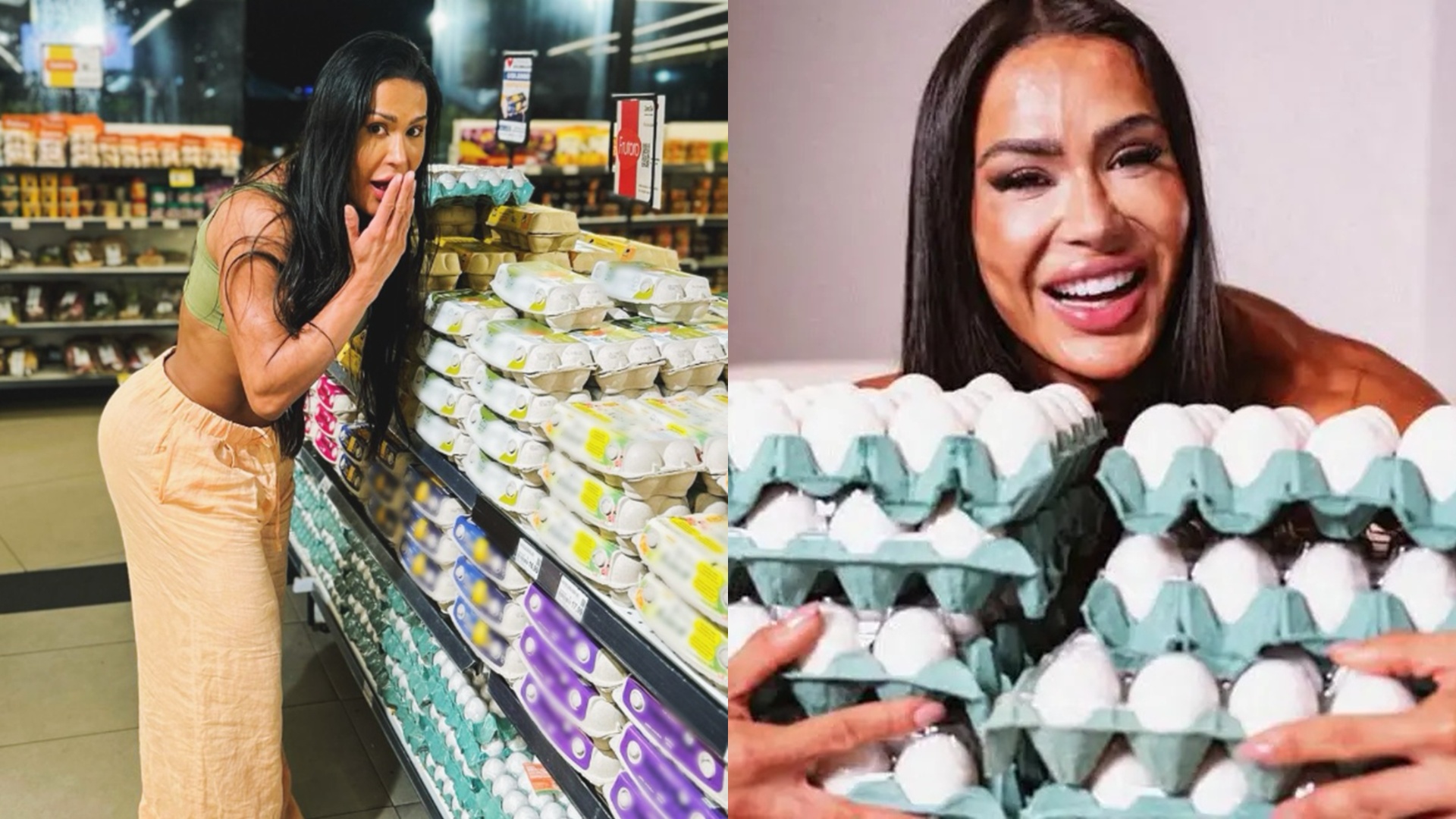 Gracyanne Barbosa reagindo ao preço dos ovos num mercado, e posando com bandejas de ovos em outra publicação